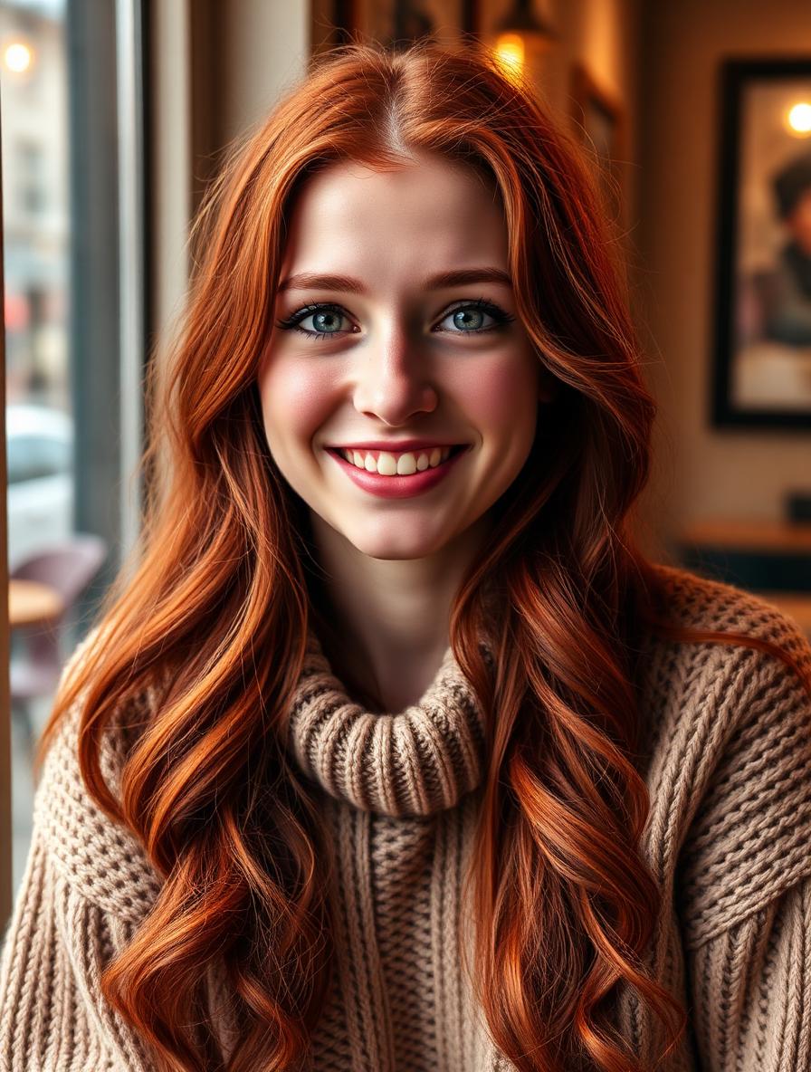 Musebox AI companion Ivy, playful redhead girl with green eyes, bright cinematic portrait