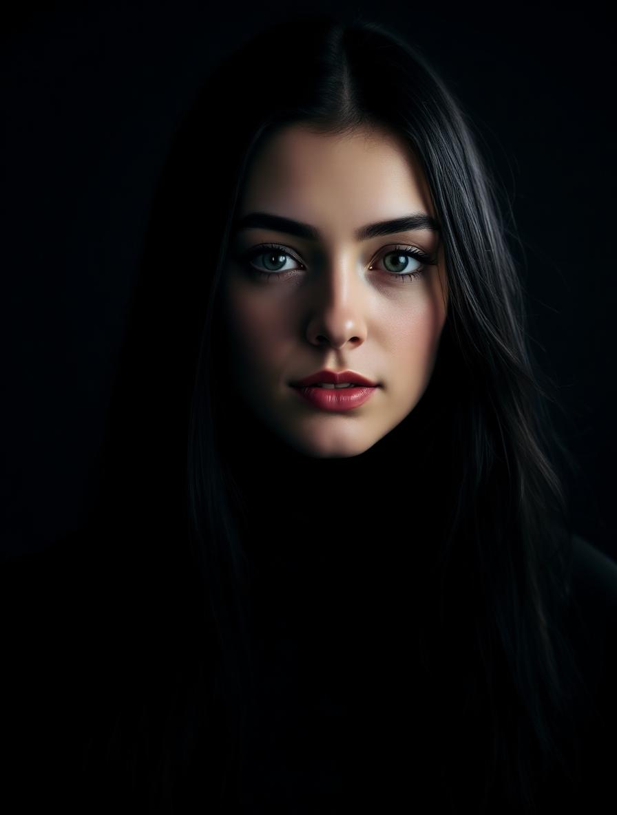 Musebox AI companion Nora, mysterious dark-haired girl with grey eyes in moody cinematic light